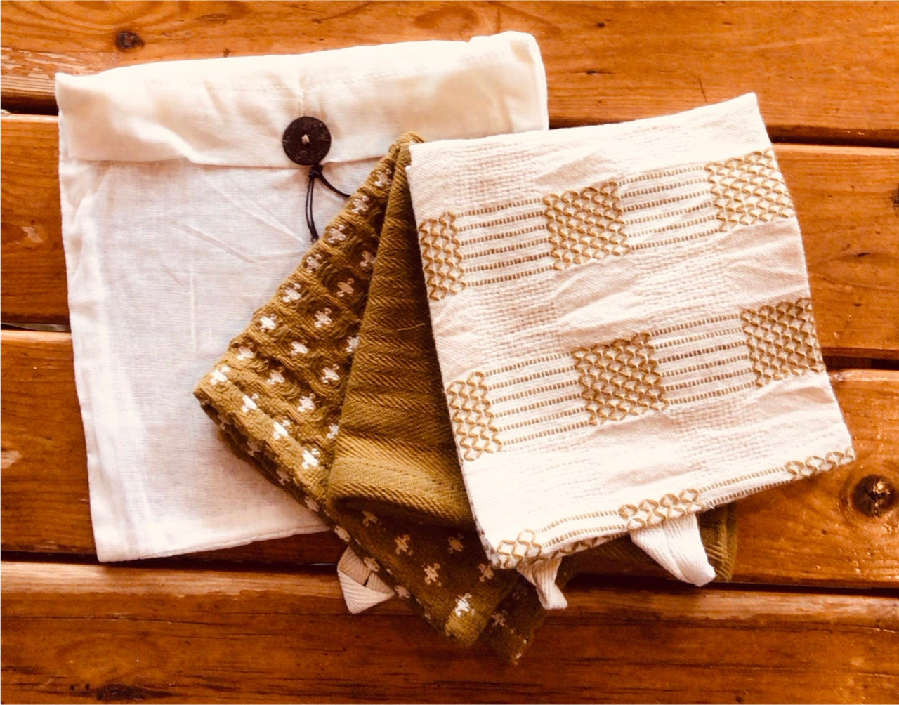 Woven Cotton Dish Cloths w/ Loop - Set of 3 in Muslim Bag