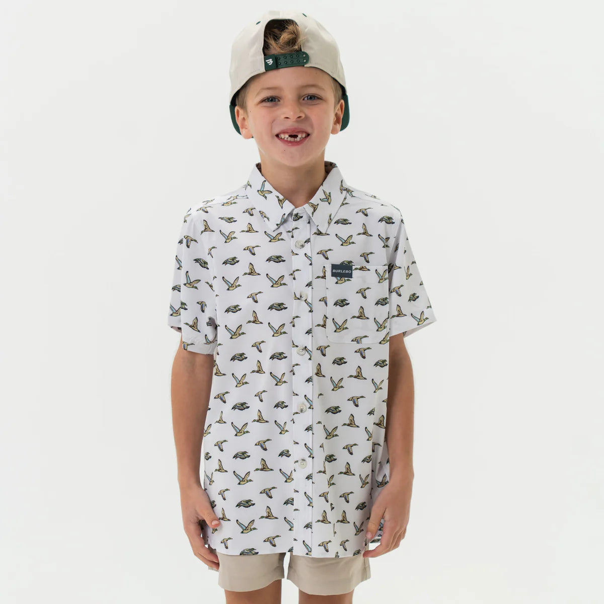 Burlebo Youth Performance Button Up - Flying Mallard Ducks - White
