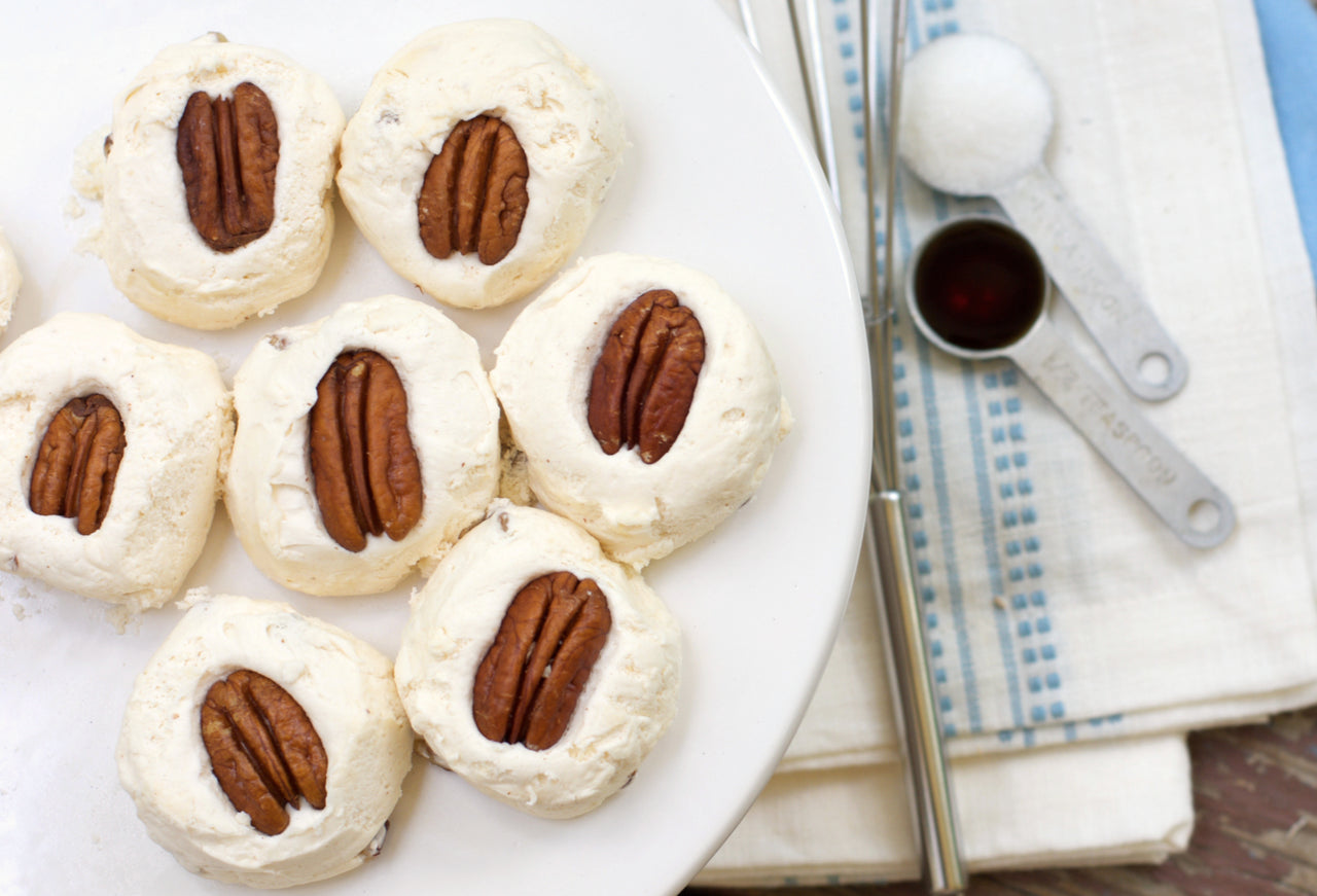 Fluffy white marshmallow texture topped off with a crunchy pecan! Our pecan divinity is hard to beat! 