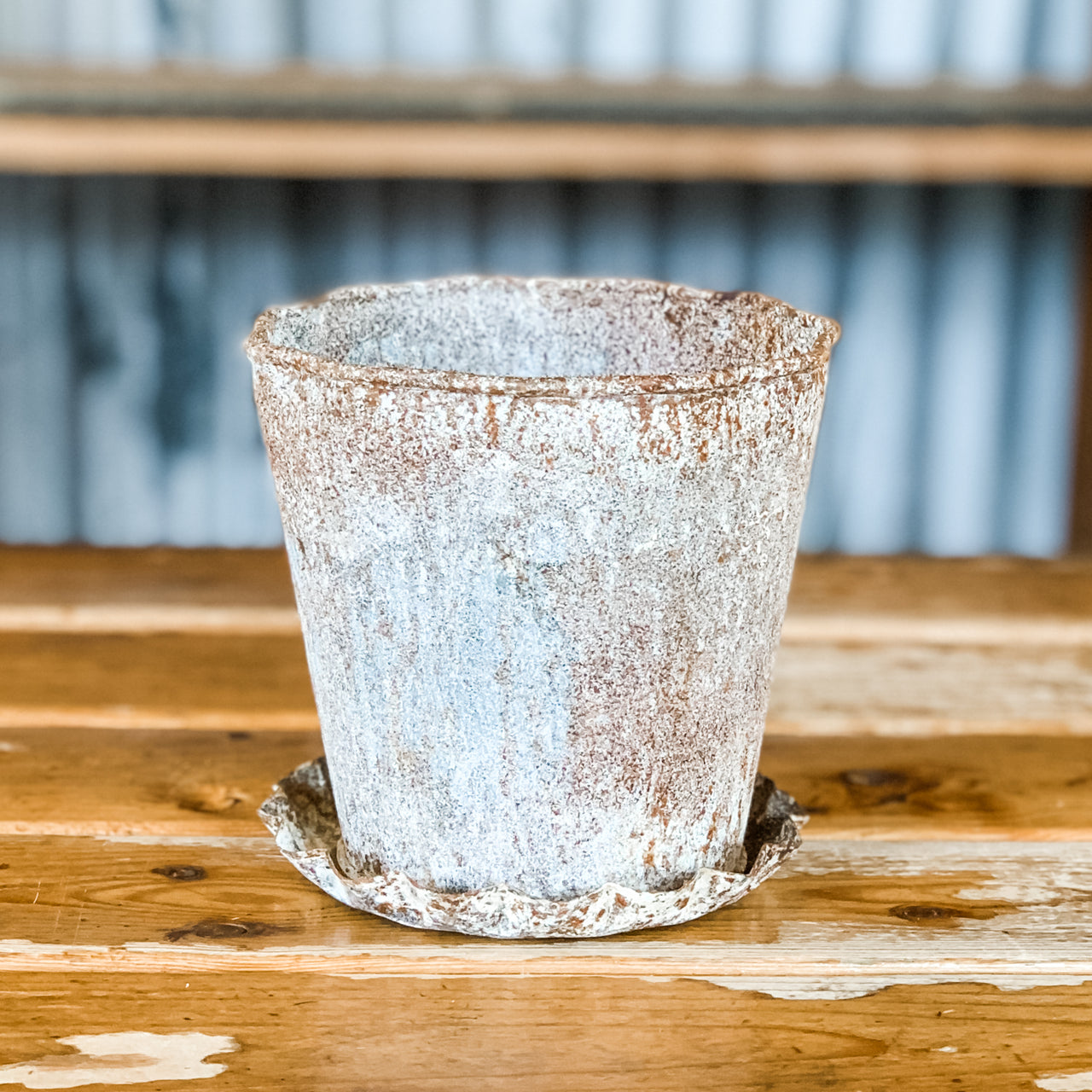 Distressed Metal Planter with Saucer