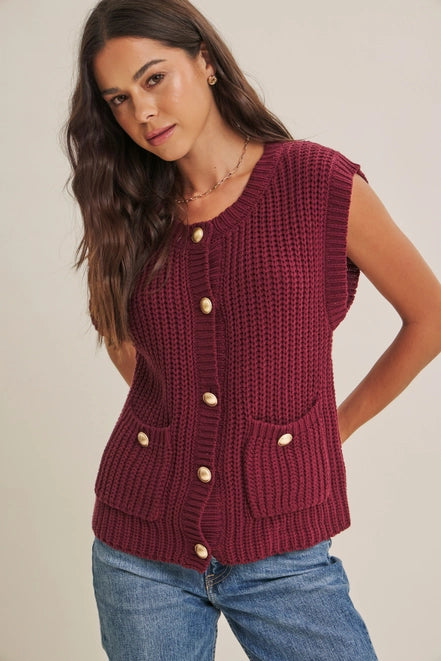 Autumn Heirloom Antique Button Down Chunky Sweater Vest in Burgundy by In February