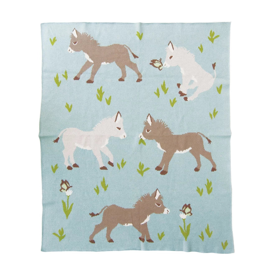 Cotton Knit Baby Blanket with Donkeys & Flowers