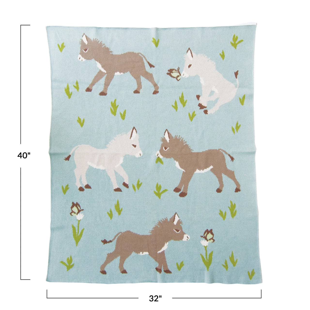 Cotton Knit Baby Blanket with Donkeys & Flowers