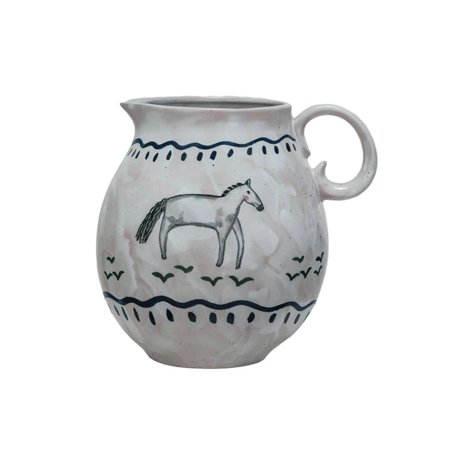 Hand Painted Stoneware Pitcher with Horse