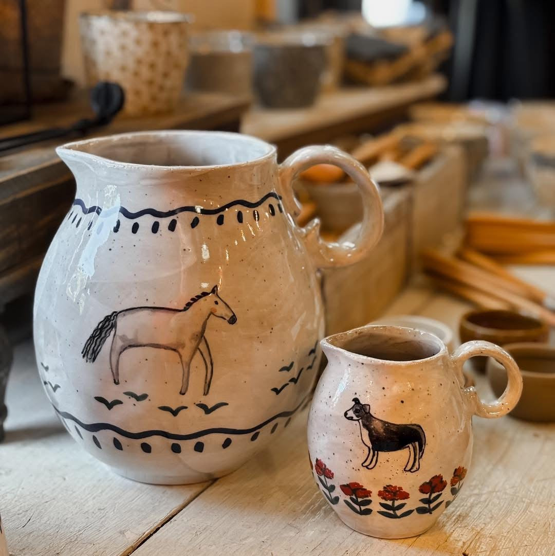 Hand Painted Stoneware Pitcher with Horse