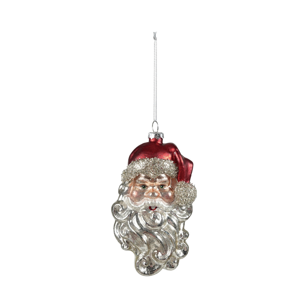 Hand Painted Mercury Glass Santa Head Ornament, White and Red