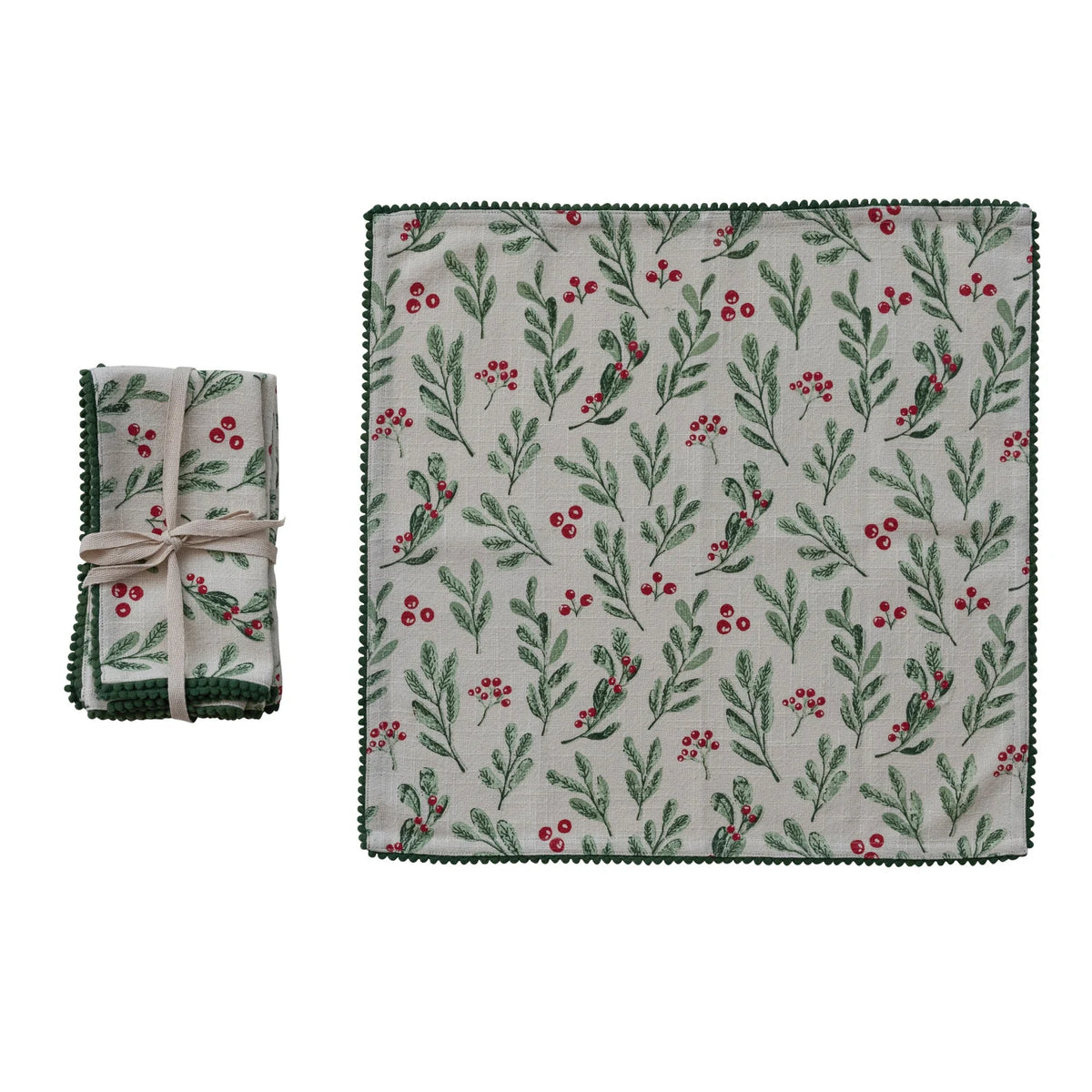 Cotton Slub Printed Napkin with Mini Pom Pom Trim  Set of 4