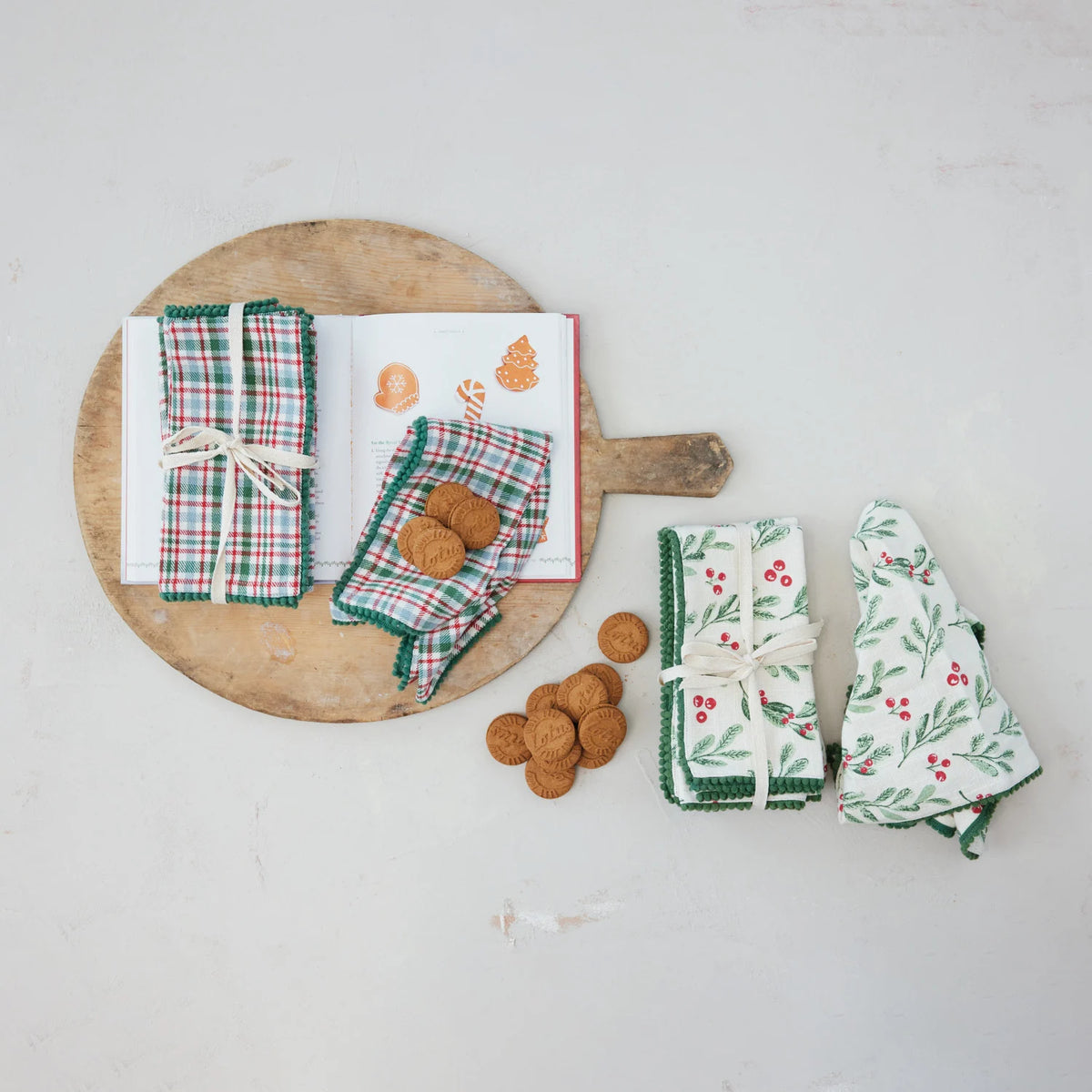 Cotton Slub Printed Napkin with Mini Pom Pom Trim  Set of 4