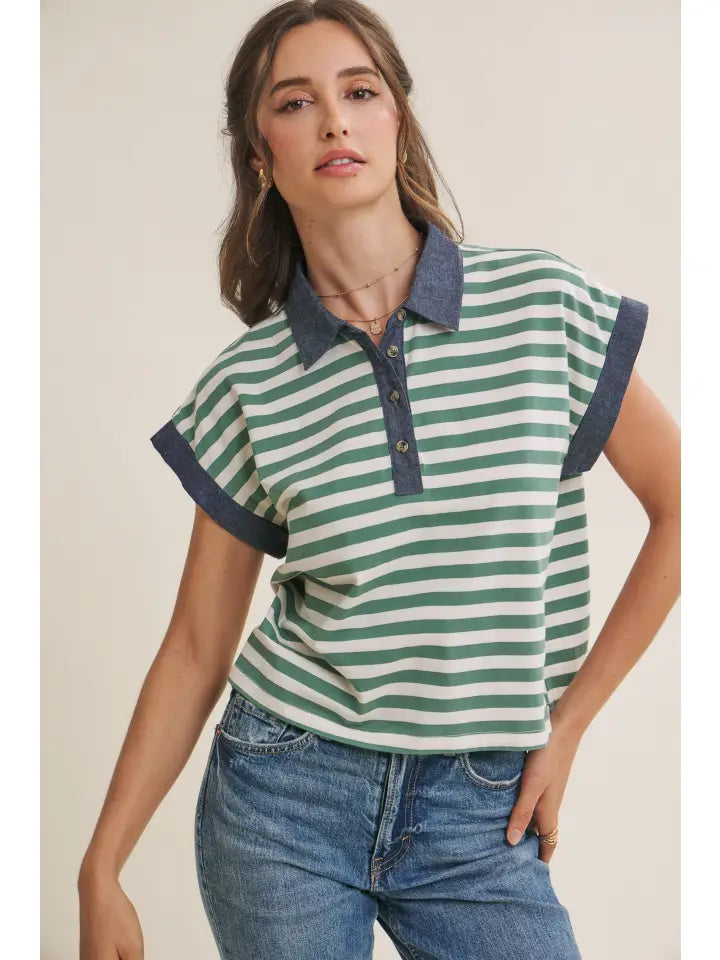 Striped Cotton Polo Top w/ Denim Contrast by In February