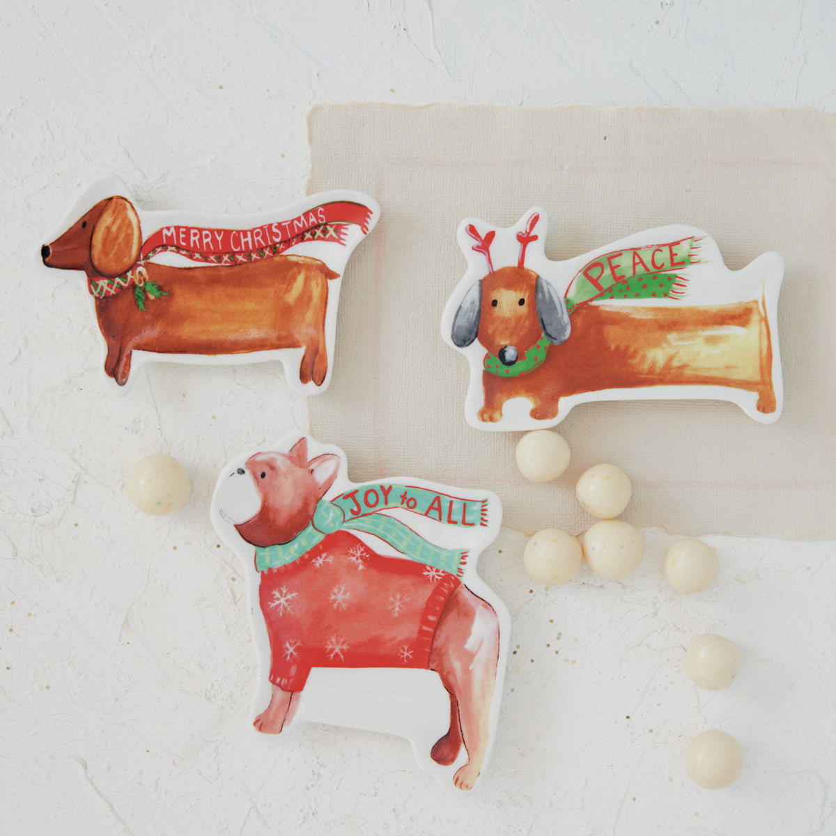 Stoneware - Dog Shaped Dish with Scarf and Holiday Saying