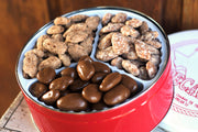 Our 3 Way Candied Pecan Gift Tin consists of Cinnamon Pecans, Milk Chocolate Pecans and Praline Pecans! Perfect for Christmas  gifts or corporate gifts.