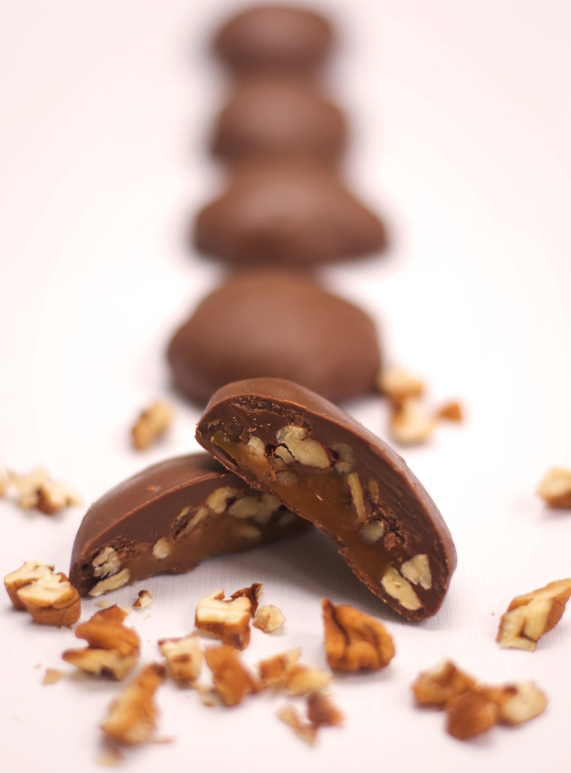 Delicious pecans covered in sweet caramel and milk chocolate. Enjoy these for yourself or send out as a gift!