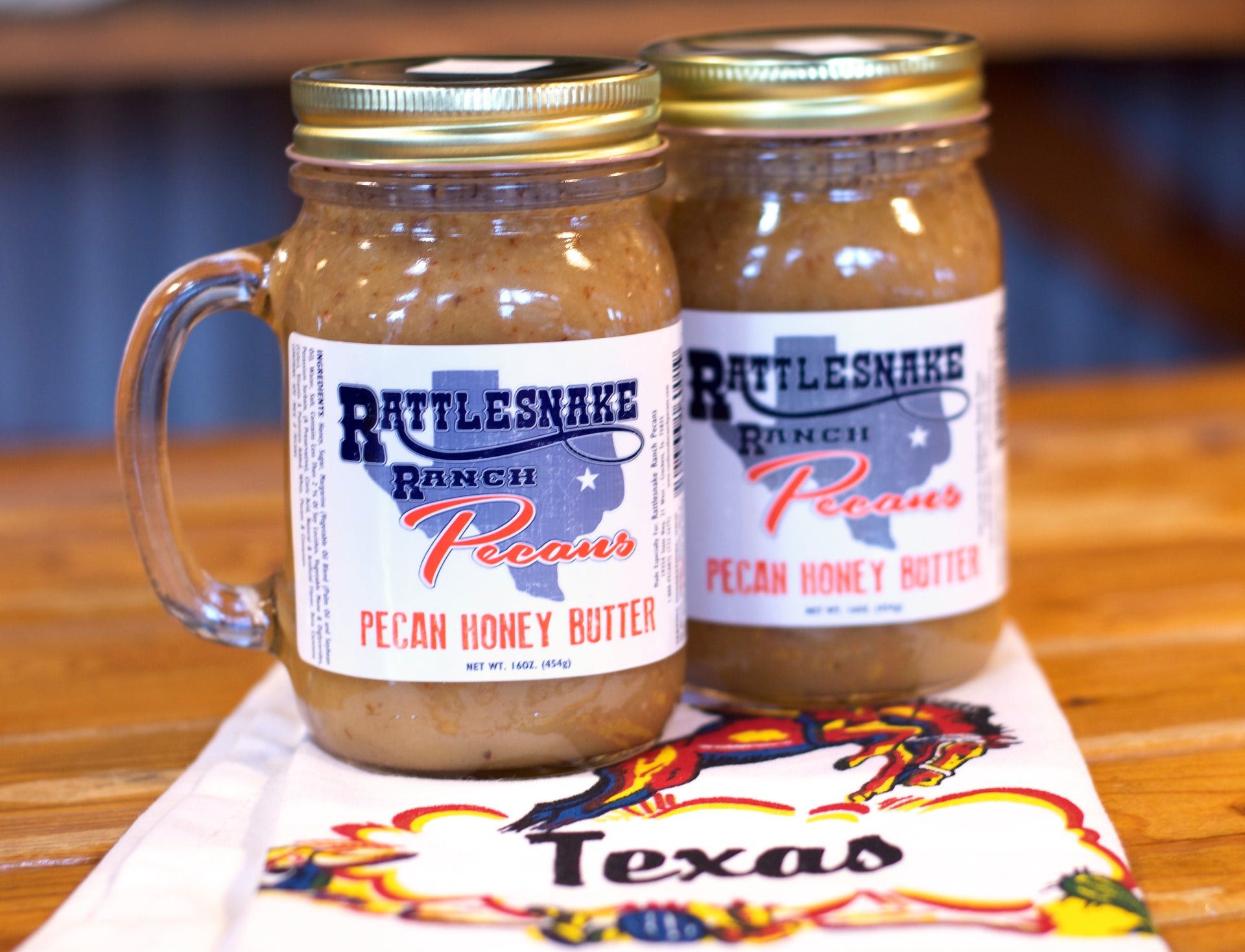 Our pecan honey butter is sweet and mouthwatering. Perfect for drizzling over a waffle or biscuit! Available in 16 ounce jars. 